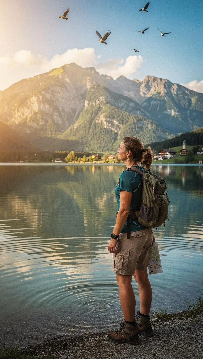 Ein Reisender, der eine gedruckte Routenkarte mit Sehenswürdigkeiten studiert.